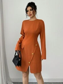 Elenzga Vestido Curto Elegante Feminino Estilo Francês de Cor Sólida, Decote Redondo, Cinturado, Modelo A-line, com Decoração de Flor de Metal 3D, Adequado para Ir ao Trabalho, Uso Casual, Férias, Dia dos Namorados, Outono/Inverno - Marrom - Visão 5