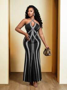 BamGleam 女士时尚性感波尔卡圆点印花露背吊带裙配鱼尾下摆超长款女装 - 黑與白 - 查看 4