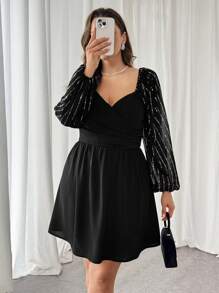 SHEIN Essnce Plus Size Women's Spring And Summer Valentine's Day Vacation Outfits Fashion Casual Commuting Elegant Black A-Hem Long-Sleeved Dress - Black - View 5