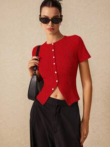 Poéselle Fall Slim Asymmetric Ribbed Short Sleeve Women's T-Shirt With Split Hem Design, Short Sleeve Shirt, Crew Neck, Skinny Short Sleeve Shirt, T-Shirt, Fall Women's Tops, Halloween Shirt, Going Out Costume