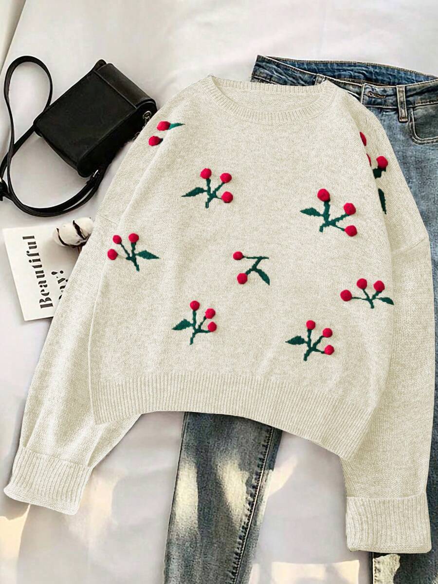 Calvaya Plus Size Vintage Mori Style Colorblock Pom Pom Decor Round Neck Sweater, Autumn/Winter Knit Pullover Fall - Beige - View 1