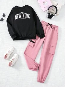 SHEIN Tween Girl Fashionable Knitted Crew Neck Pullover Hoodie & Wide-Leg Pants 2pcs Set - Pink - View 7