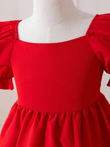 SHEIN Váy cổ vuông dệt tay ngắn màu trơn cho bé gái mặc hàng ngày - Đỏ - Xem 4