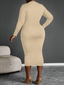 Maweii 大码纯色长袖镂空休闲性感收腰修身连衣裙