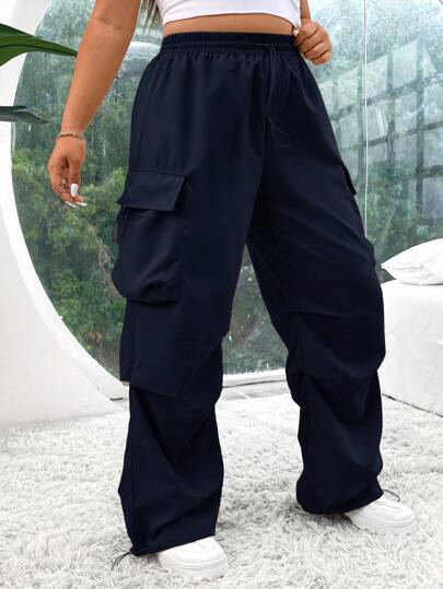 CovetEZ Plus Size Solid Color Front Tie Pocket Simple Casual Long Pants, Daily Wear