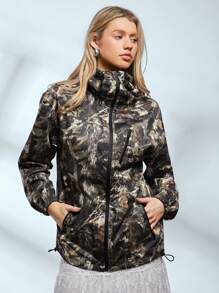 Easelle Chaqueta cortavientos casual de tejido con capucha con cordón y estampado botánico de otoño para mujer - Verde militar - Ver 3