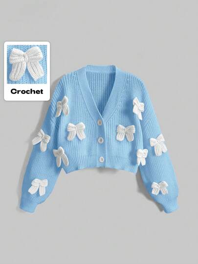 ROMWE Kawaii Women's Pink 3D Bow Knit Cardigan, Cute Girly Sweet Open Front