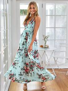 SHEIN VCAY Elegant Summer Vacation Criss Cross Backless Floral Dress Wedding Guest Dress - Multicolor - View 3