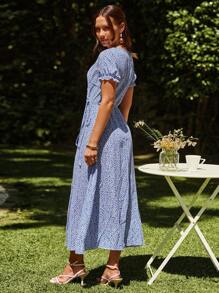 SHEIN VCAY Spring Ditsy Floral Print Knot Side Wrap Long Dress - Blue and White - View 2