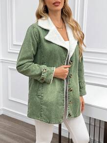SHEIN LUNE Women's Front Button Long Sleeve Pocket Simple Casual Denim Jacket - Green - View 1