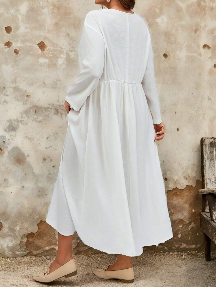 Plus Size Women Round Neck Long Sleeve Button Design Casual Dress, Autumn/Winter