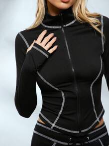 SHEIN EZwear Women's Yoga Sports Jacket, Moisture-Wicking, Quick Dry, Contrast Color Stitching, Slim Fit, Mock Neck, Zipper Closure - Black - View 7