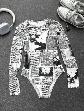 SHEIN Lässiger, langärmliger Strick-Overall mit Zeitungsdruck für für Tween Mädchen