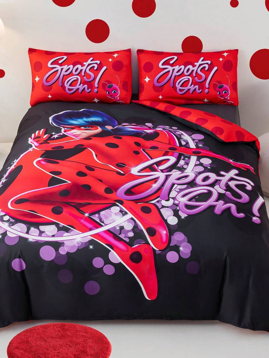 Miraculous Ladybug X SHEIN Cartoon Polka Dot Letter Print Soft And Warm, Simple Bedding Duvet Covers Set