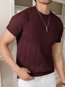 Manfinity Mode Men's Solid Color Crew Neck Short Sleeve Knitted Top, Casual Everyday Wear Blue Top Men - Burgundy - View 3