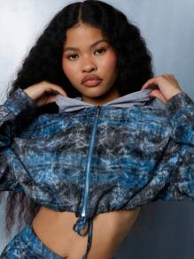 SUMWON WOMEN Cropped Drawstring Hoodie Abstract Washed Pattern Loungewear Winter Fall Modern Streetwear Athleisure Activewear Zip Up Adjustable Hood - Multicolor - View 5