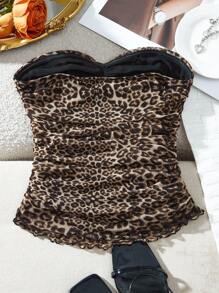 Opulessa Casual Knitted Mesh Leopard Pattern Slim Fit Tube Top Regular Women's Blouse - Brown - View 3