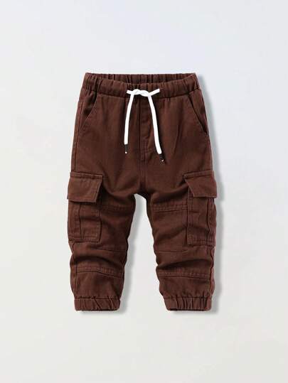 SHEIN 男童复古休闲街头装多口袋宽松舒适松紧腰带抽绳卷边洗水工装牛仔裤