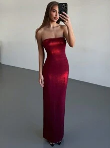 Aloruh Elegant Shimmery Strapless Maxi Party Dress, Wine Red Color