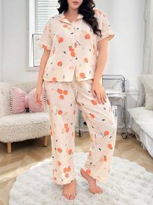 Women's Orange Print Collared Short Sleeve Pajama Set With Pants - Apricot - View 6