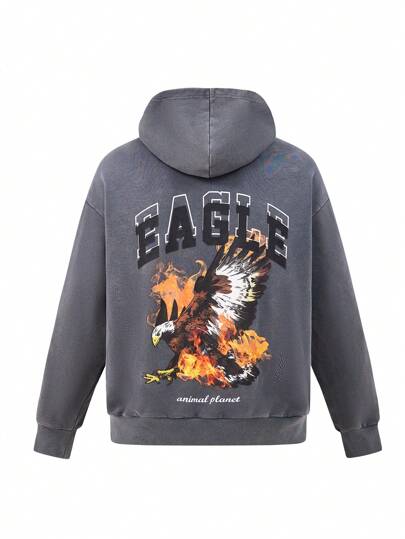 Animal Planet X SHEIN Men Casual Loose Knit Vintage Eagle Print Washed Gray Hoodie, Autumn/Winter