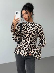SHEIN Essnce Women's Autumn Leopard Print Long Sleeve Loose Casual Shirt - Multicolor - View 3