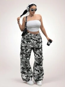 Flirla 大码前扣口袋休闲迷彩裤，适合日常穿着 - 灰色 - 查看 4