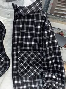 Tween Boy Casual Loose Hooded Fleece Plaid Jacket, Suitable For Commuting, School, Daily Casual, Sports, Autumn/Winter Season - Black - View 5