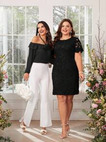 SHEIN Clasi Plus Size Solid Color Black Guipure Laace Round Neck Short Sleeve Simple Casual Mini Dress - Black - View 3