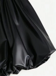 SHEIN Unity Women's Solid Color Minimalist Pleated Ruffle PU Leather Shorts, Casual Daily Wear - Black - View 3