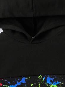 2 件套年轻男孩时尚夜光涂鸦印花连帽运动衫和裤子套装，秋冬 - 黑色 - 查看 5