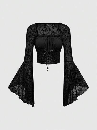 Goth Top avec laçage à la taille, insert en maille, motif croix et fleur en velours, style gothique palais, pour femmes, pour la fête d'Halloween