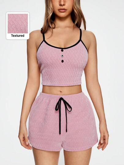 Kawaii Textured Knit Contrast Color Casual Camisole Pajamas Set For Women