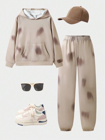 2pcs/Set Tween Girls Wasteland Streetwear Casual Hooded Sweatshirt And Pants Set, Suitable For Outdoor Streetwear, Spring/Autumn