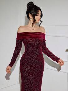 Modelyn 勃艮第红色 1 件优雅天鹅绒花卉印花长袖紧身连衣裙长款女士装长款晚礼服