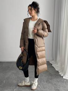 Chiquease Áo khoác dài có mũ trùm đầu có đệm cho nữ dùng trong quần áo mùa đông - Cà phê nâu - Xem 3