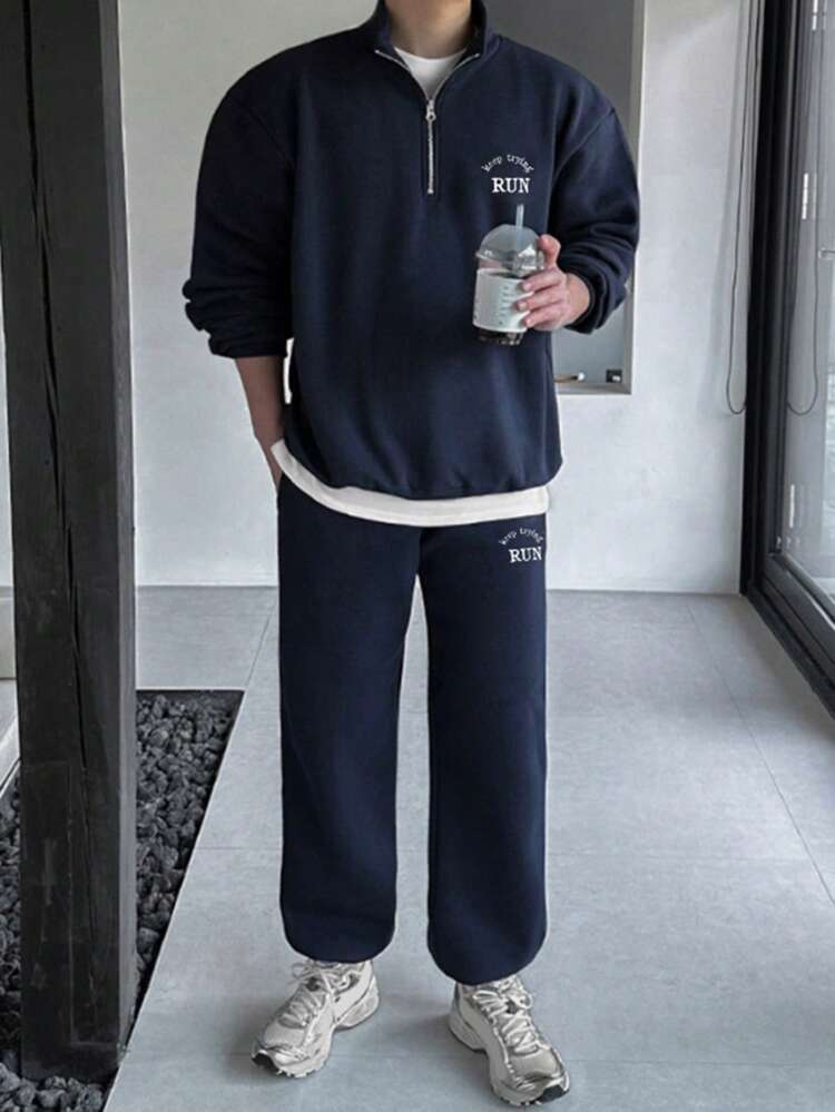 Men's Solid Blue Sweatshirt Set, Autumn Quarter Zip Men