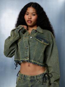 SUMWON WOMEN Distressed Denim Jacket Cropped Raw Hem Pleated Ruffle Bottom Grunge Style Fall Winter Outerwear Studded Collar Edgy Streetwear - Yellow - View 3