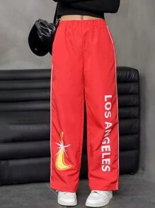 SHEIN Tween Girls Printed Sports Casual Drawstring Long Pants - Red - View 1