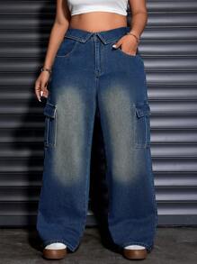 SHEIN EZwear Plus Size Front Button Pocket Simple Denim Jeans, Casual Daily Wear - Dark Wash - View 1