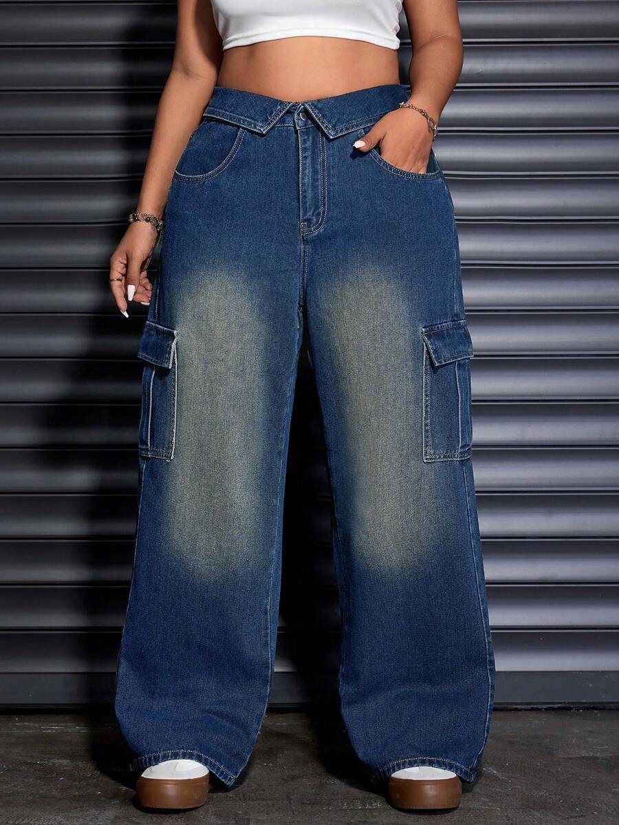 SHEIN EZwear Plus Size Front Button Pocket Simple Denim Jeans, Casual Daily Wear - Dark Wash - View 1
