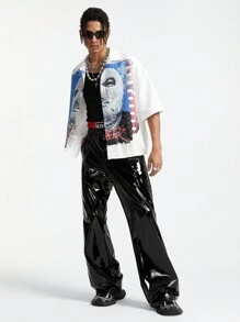 AXEPEAK 男士四面弹力反光宽版梭织裤，纯色宽松喇叭裤，黑色裤子，适合外出、送给老公、男朋友的礼物，街头潮流必备，秋季 - 黑色 - 查看 6