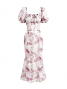 Modelyn Women Floral Print Square Neckline Pleated Puff Sleeve Blouse And Mermaid Hem Skirt, Fashionable And Elegant Two Pieces Set For Summer 2 Pieces Set
