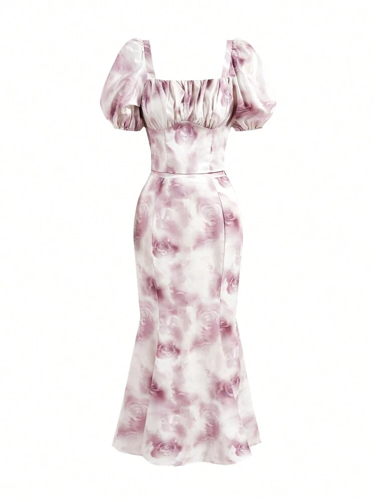 Women Floral Print Square Neckline Pleated Puff Sleeve Blouse And Mermaid Hem Skirt, Fashionable And Elegant Two Pieces Set For Summer 2 Pieces Set