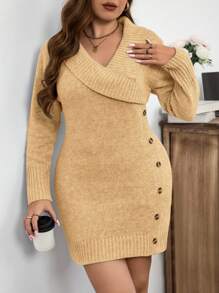 SHEIN Clasi 大码女式纯色围脖领长袖修身纽扣设计毛衣裙，适合秋冬季