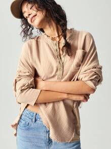 Bohemela Camisa maxi de manga larga con botones, de corte holgado y unicolor, para mujer