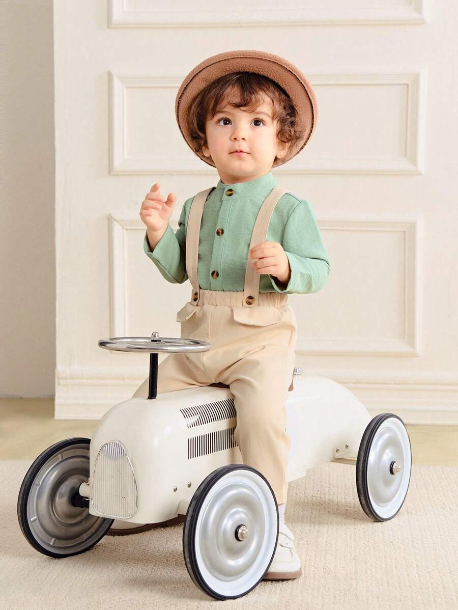 SHEIN Vintage Gentleman Style Baby Boys 2pcs Set: Textured Fabric Shirt + Cargo Suspender Pants, Cute Casual Outfit - Dusty Blue - View 1