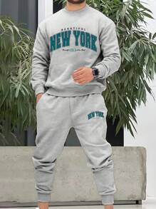 Manfinity Homme Men Letter Graphic Sweatshirt & Sweatpants - Grey - View 1