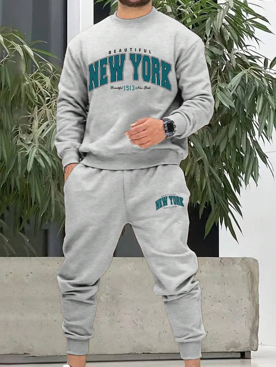 Manfinity Homme Men Letter Graphic Sweatshirt & Sweatpants - Grey - View 1