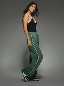 MISSGUIDED Wide Leg Athletic Track Pants Training Sweatpants Side Stripe Sports Bottoms Fall Winter Casual Joggers Gym Workout Loungewear - Green - View 5
